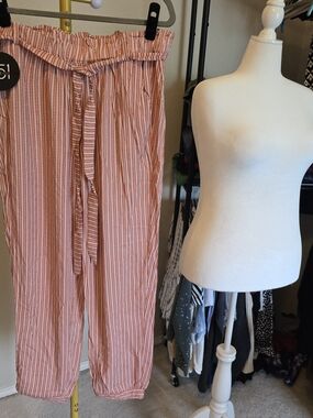 one 5 one Coral and White Striped Paperbag Waist Trousers